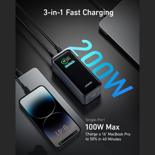 ANKER 735 3-Port 200W Power Bank with LCD Screen (20,000mAh, Black)