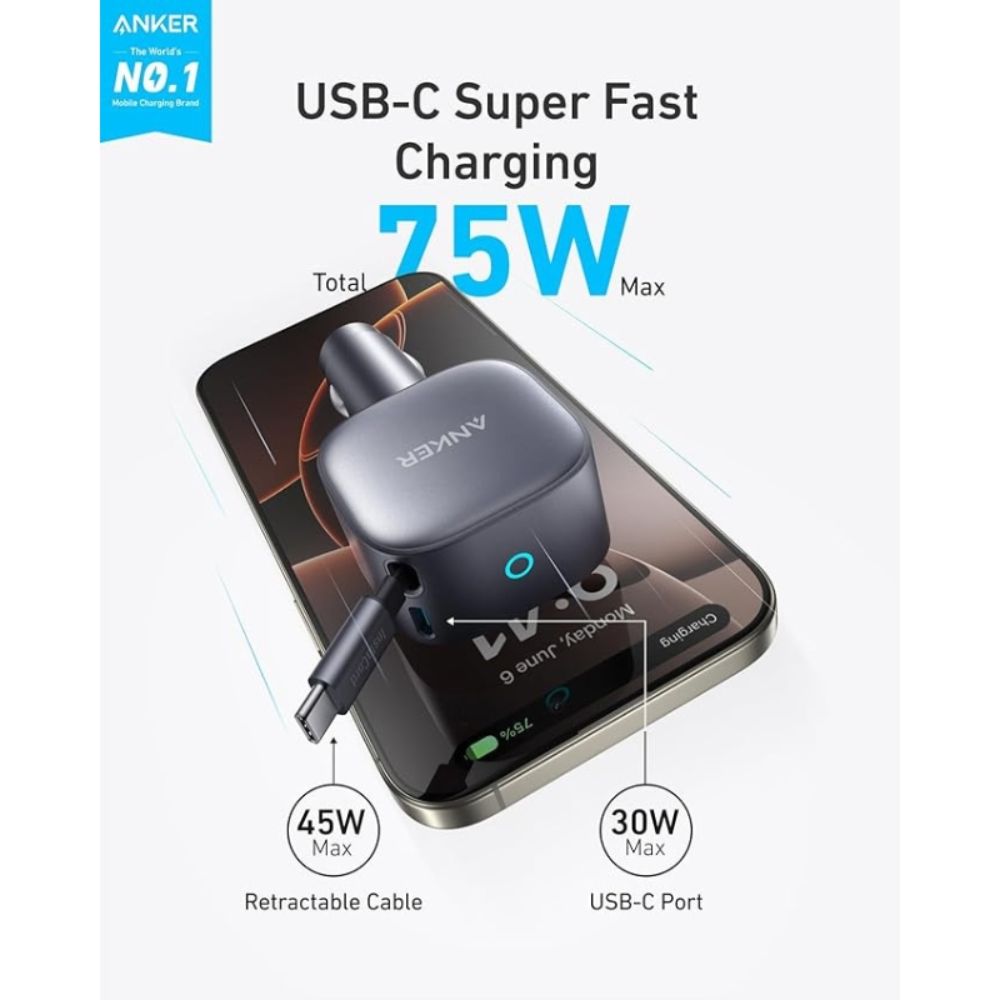 Anker Nano 75W Car Charger (Built-In Retractable USB-C Cable)