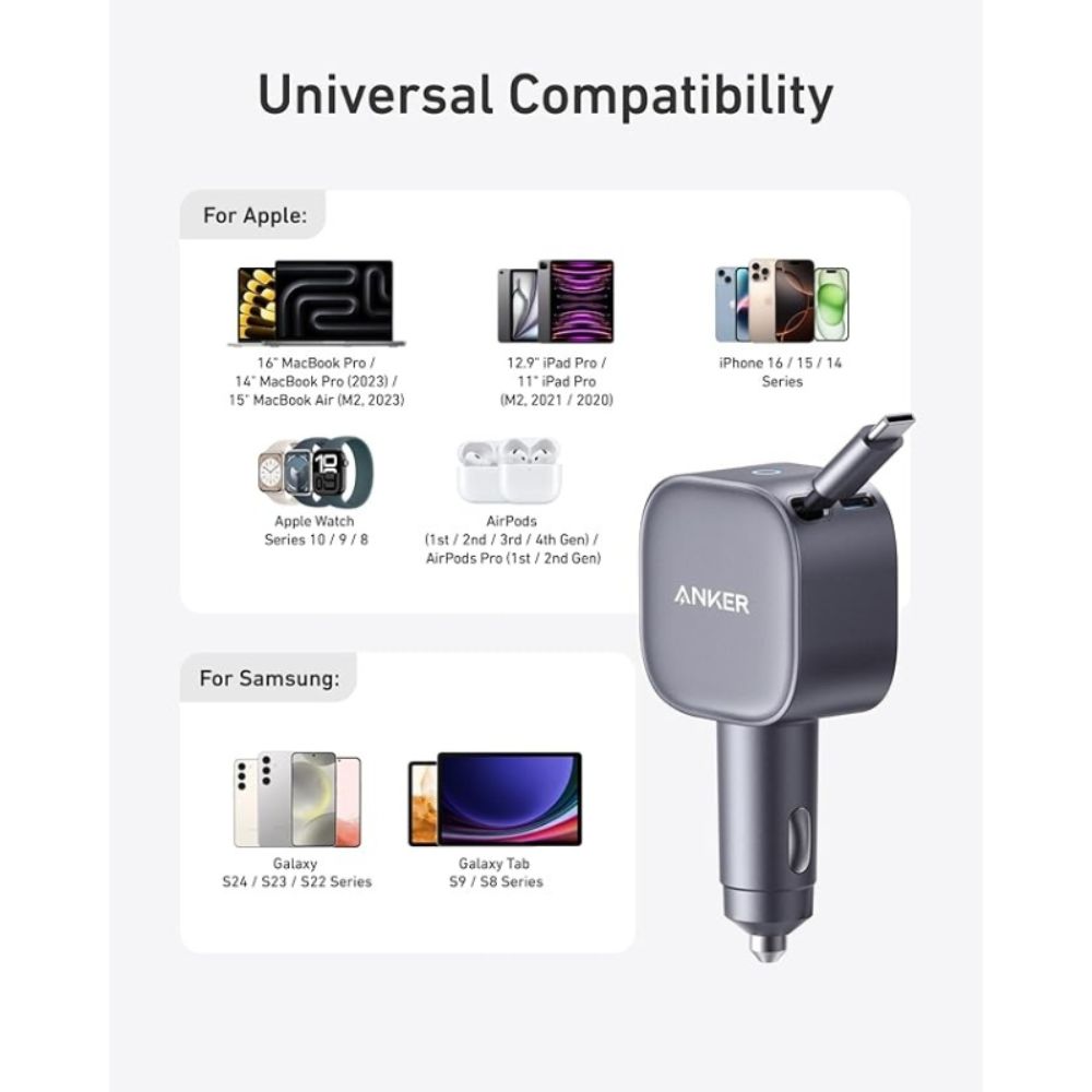 Anker Nano 75W Car Charger (Built-In Retractable USB-C Cable)