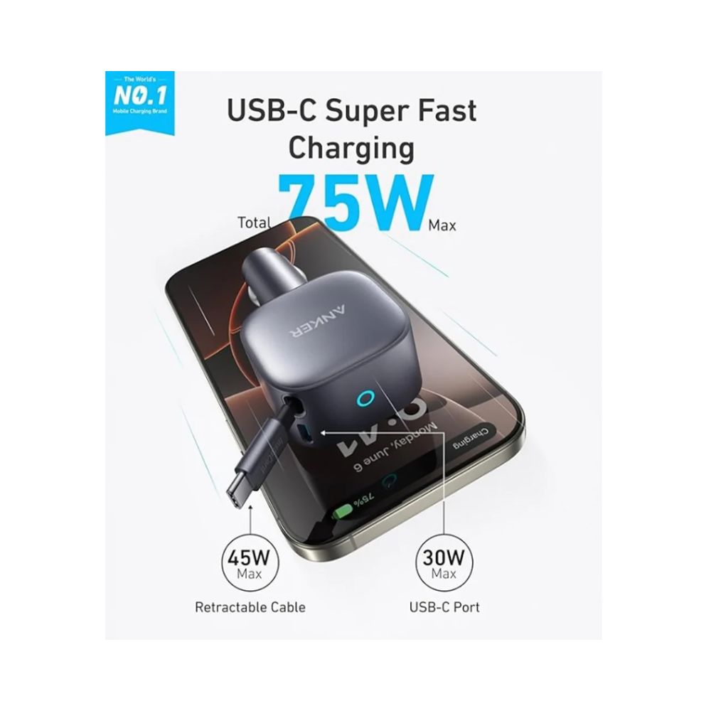 Anker Nano 75W Car Charger Built-In Retractable USB-C Cable