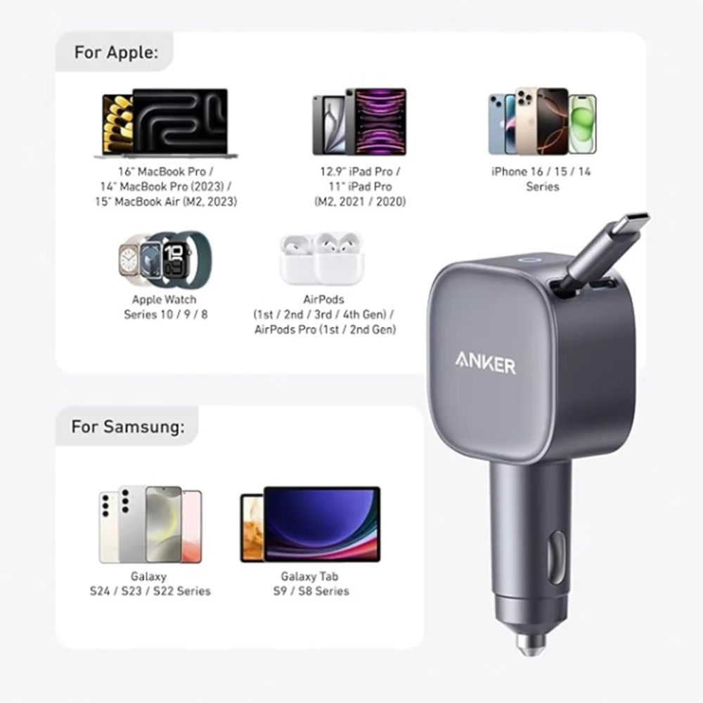 Anker Nano 75W Car Charger Built-In Retractable USB-C Cable
