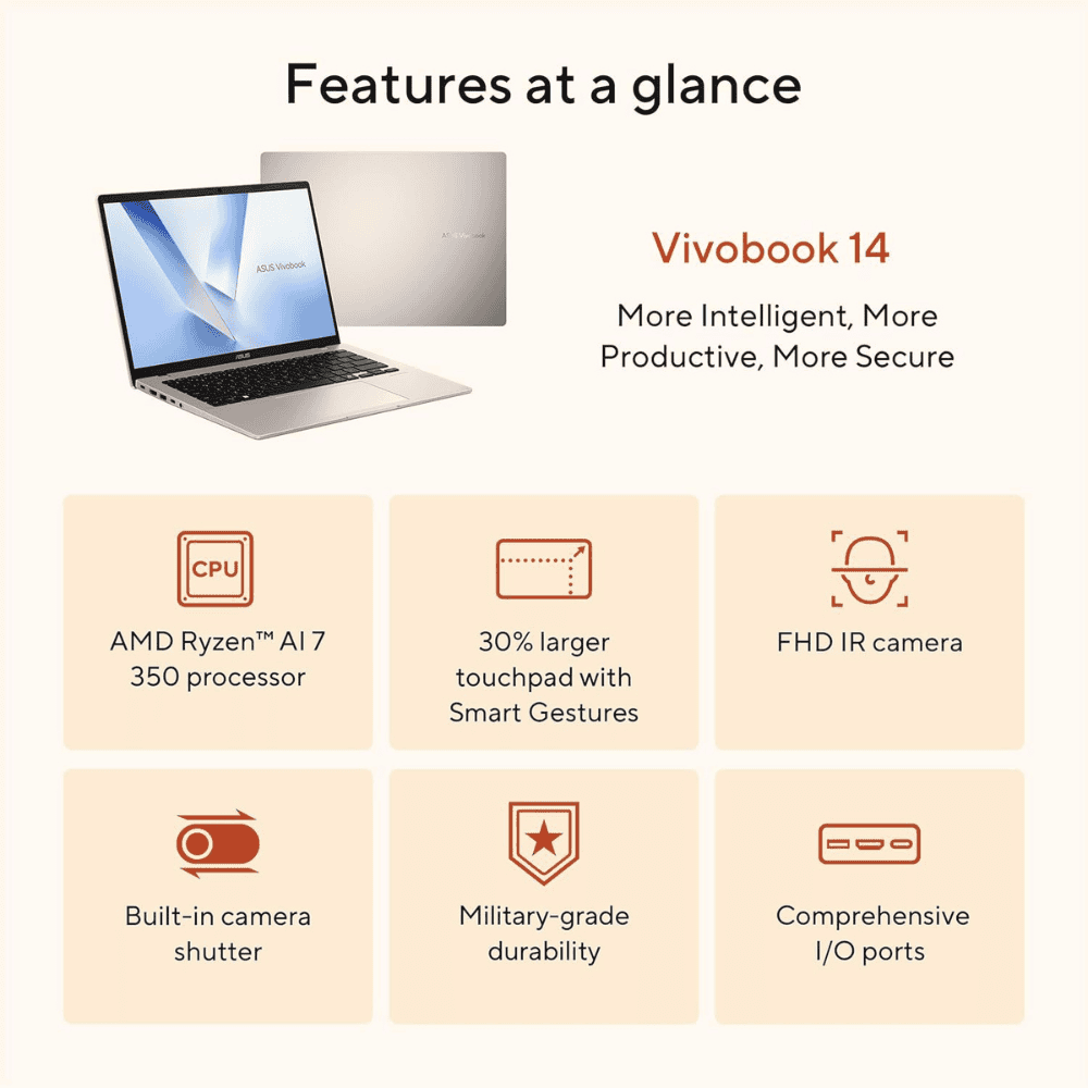 ASUS Vivobook 14 M1407KA – 14-inch FHD – Ryzen AI 7 350 – 16GB RAM – 512GB Nvme – AMD Radeon