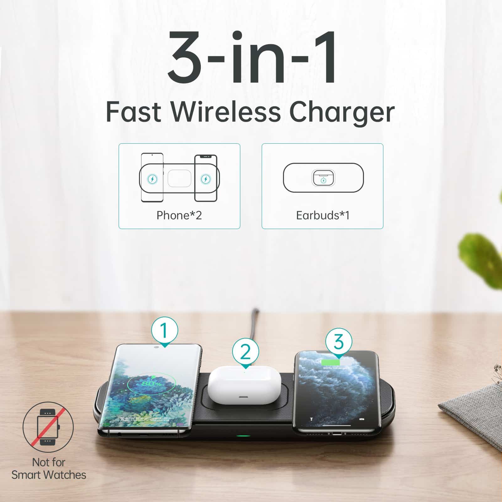 CHOETECH Triple 3 In 1 Qi-Certified Fast Wireless Charger With Adapter For IPhone 12