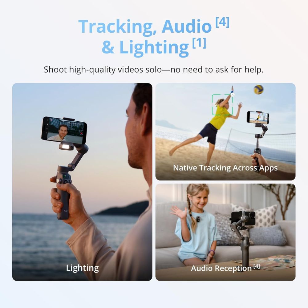 DJI Osmo Mobile 8 Advanced Tracking Combo – AI Native Tracking – Built-in Audio & Lighting – 360° Pan Rotation