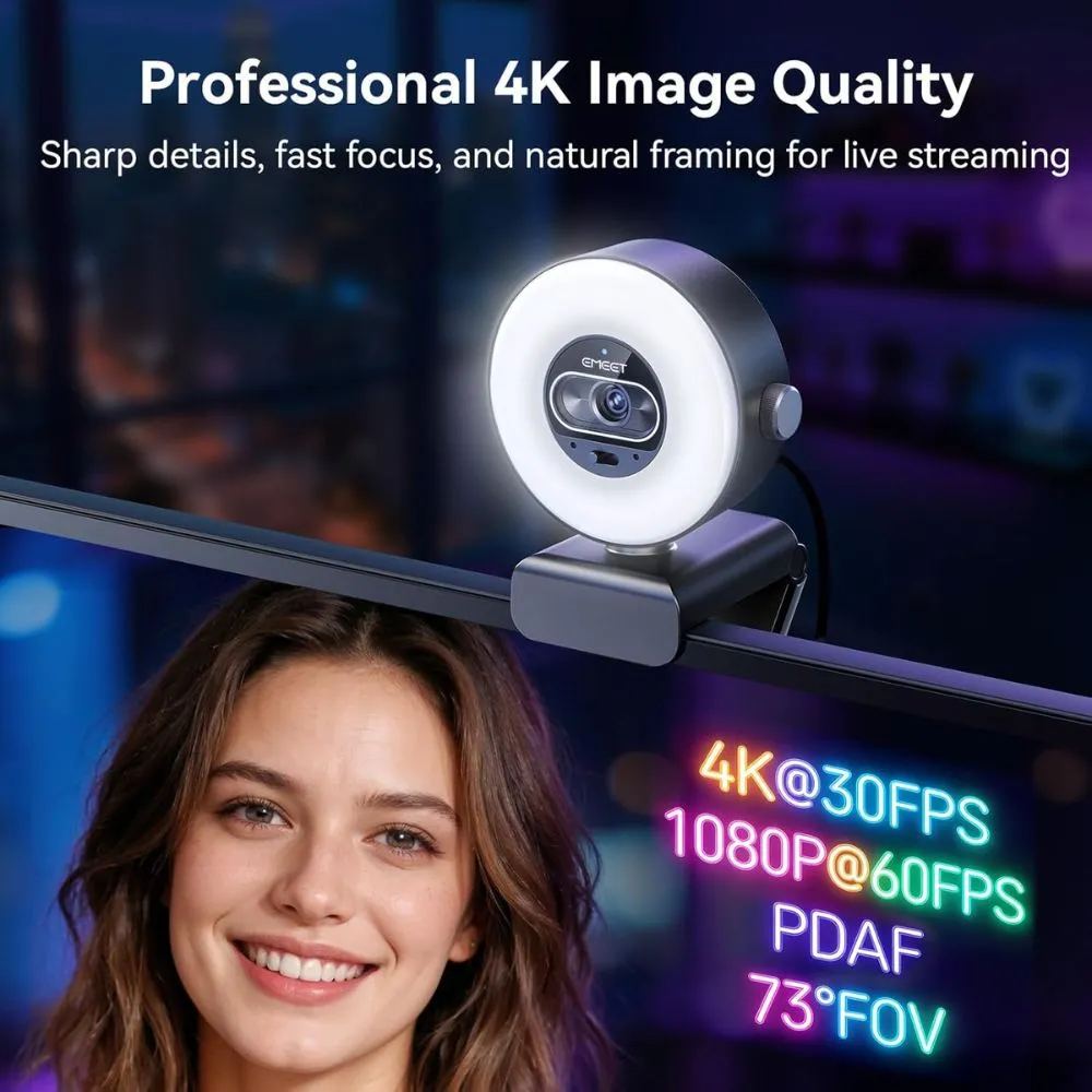EMEET S600L 4K Webcam for Streaming with Ring Light