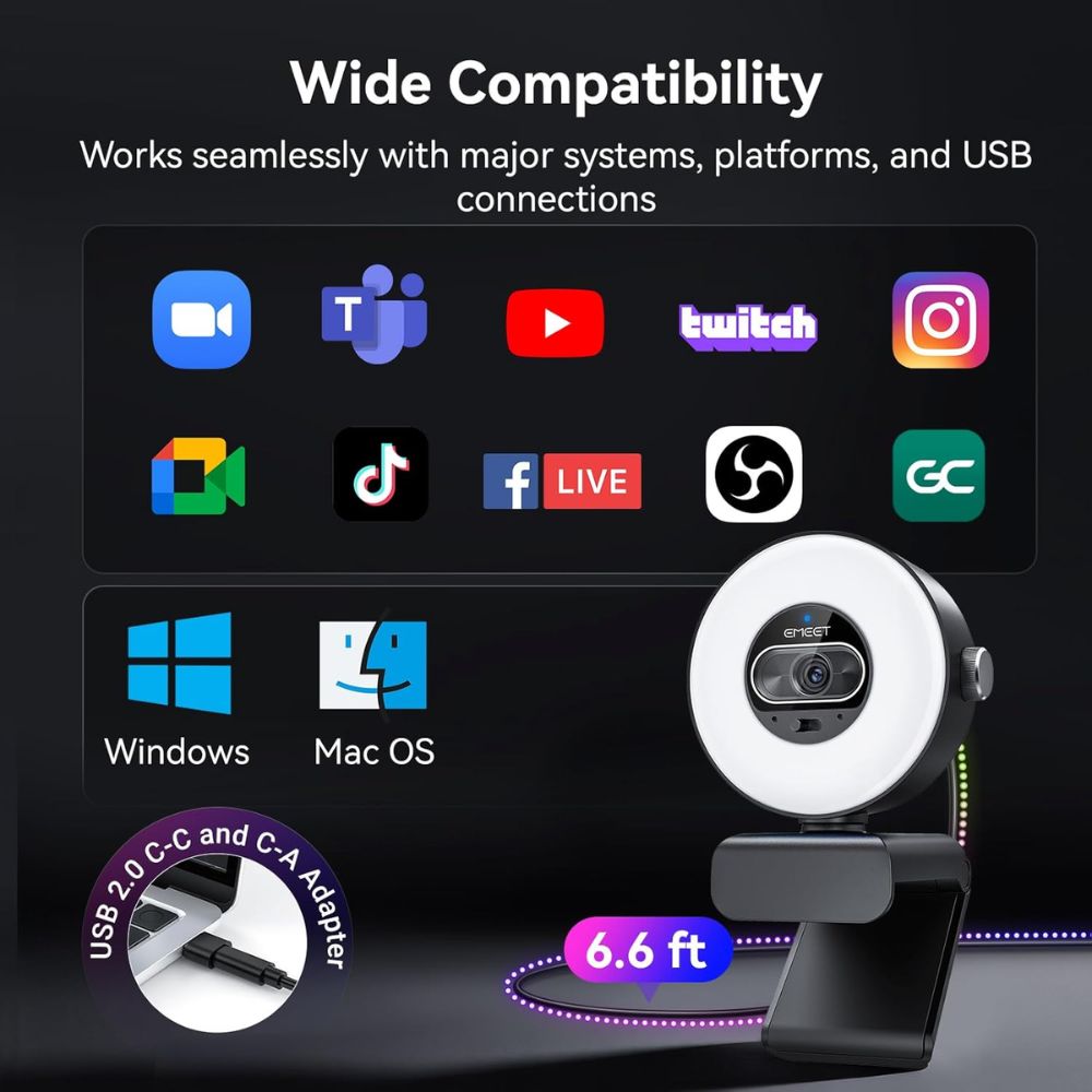 EMEET S600L 4K Webcam for Streaming with Ring Light