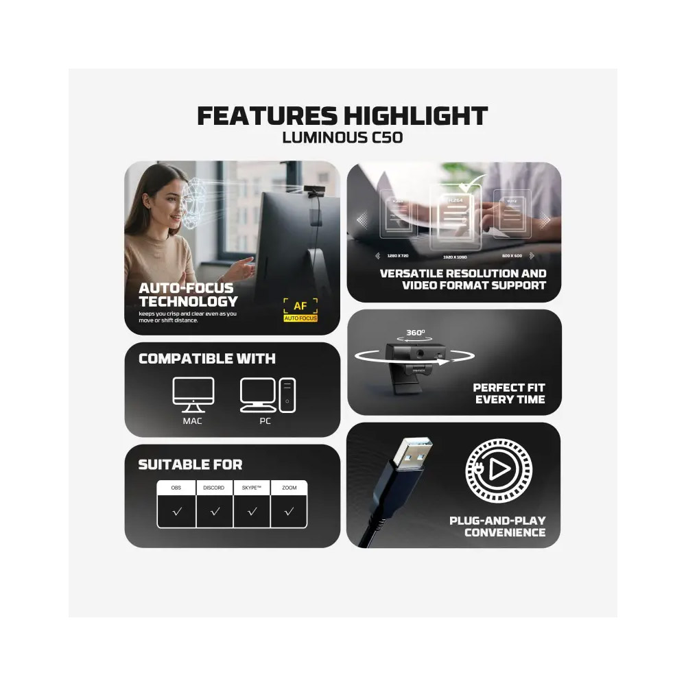 FANTECH C50 LUMINOS: Professional 2K Quad-HD Webcam with Auto Focus, Support for 60FPS, Built-in Micro 3D Noise Cancellation