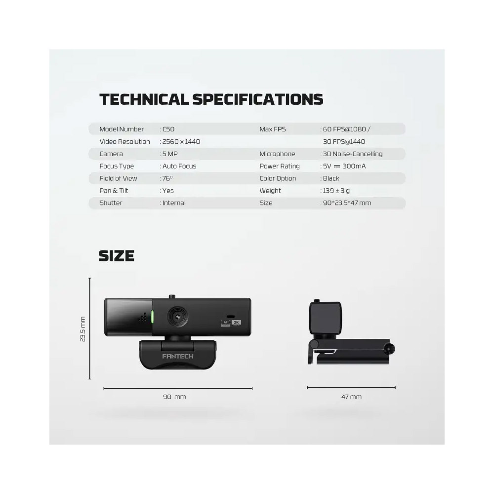 FANTECH C50 LUMINOS: Professional 2K Quad-HD Webcam with Auto Focus, Support for 60FPS, Built-in Micro 3D Noise Cancellation