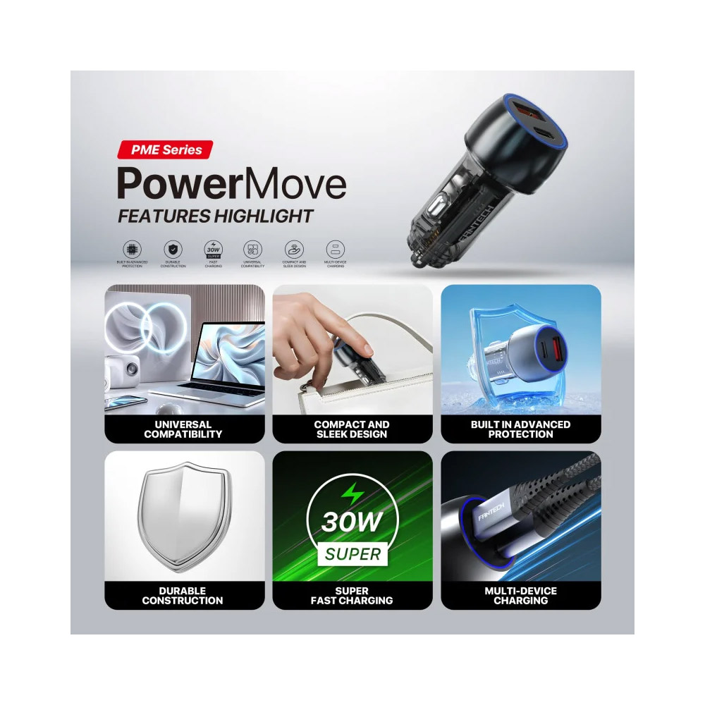 FANTECH POWERMOVE PME302 Dual Port Car Charger – Total 45W Power
