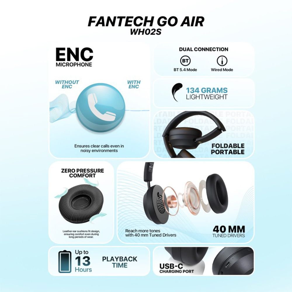 Fantech WH02s GO AIR Bluetooth, Wireless Headphones