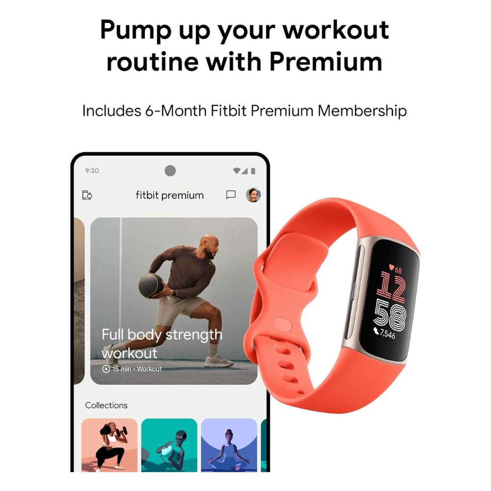 Fitbit Charge 6 – Premium Fitness Tracker Gold Case / Red Band