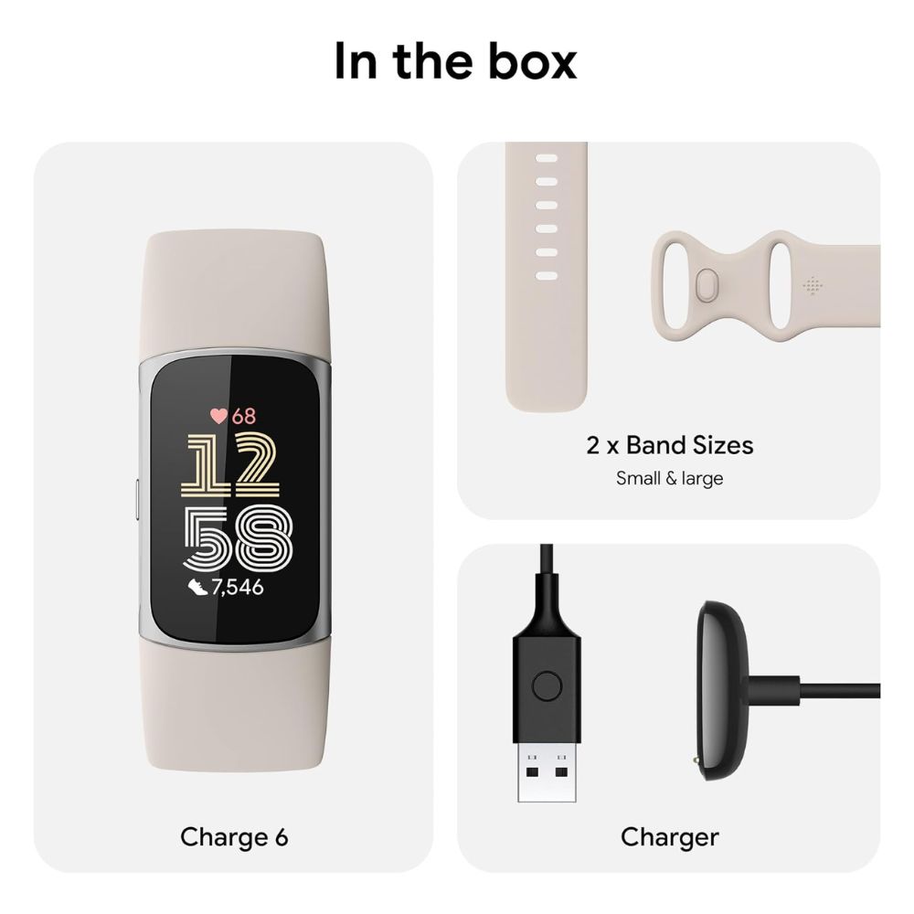 Fitbit Charge 6 – Premium Fitness Tracker Silver Case / White Band