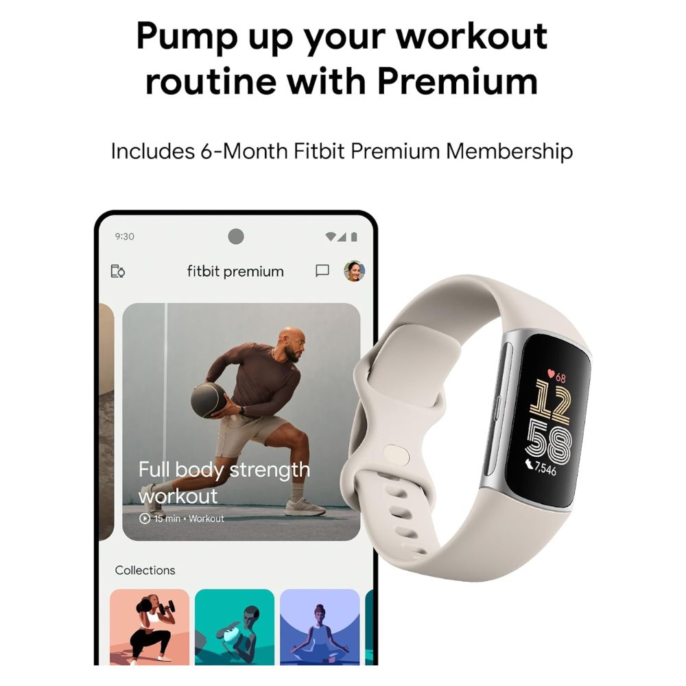 Fitbit Charge 6 – Premium Fitness Tracker Silver Case / White Band