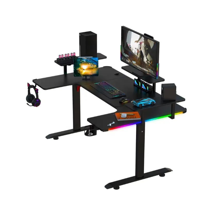 Gaming Desk U-Shaped, RGB, Carbon Fiber, Black