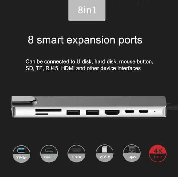 Green 8 in 1 Adapter (Type C to Type C*2, HDMI, USB 3.0*2, Micro SD, SD Card, LAN)