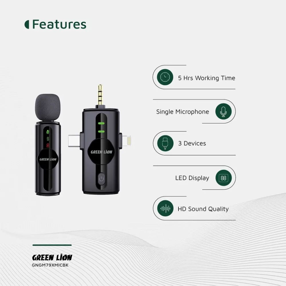 Green Lion 3-in-1 Noise Cancellation Wireless Microphone – Black