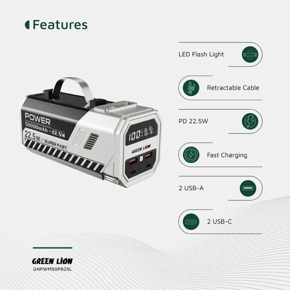 Green Lion 50000mAh Power Bank 22.5W – Silver