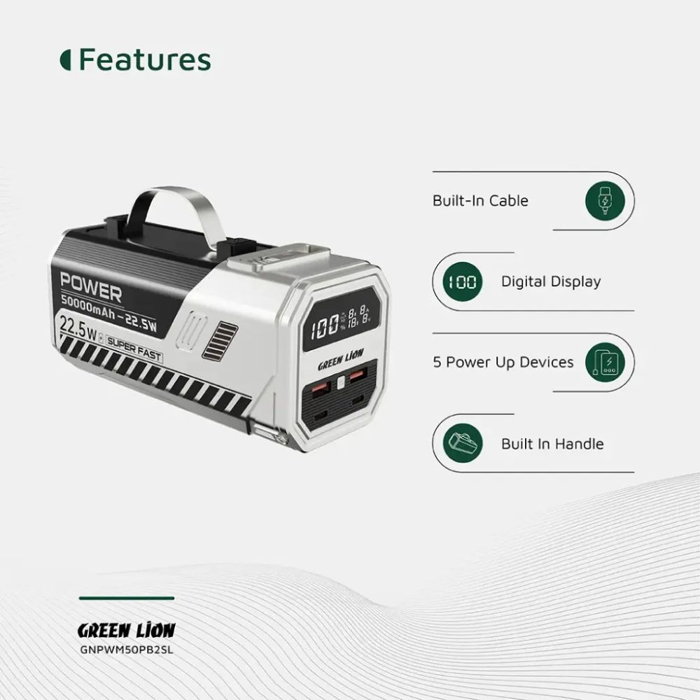 Green Lion 50000mAh Power Bank 22.5W – Silver