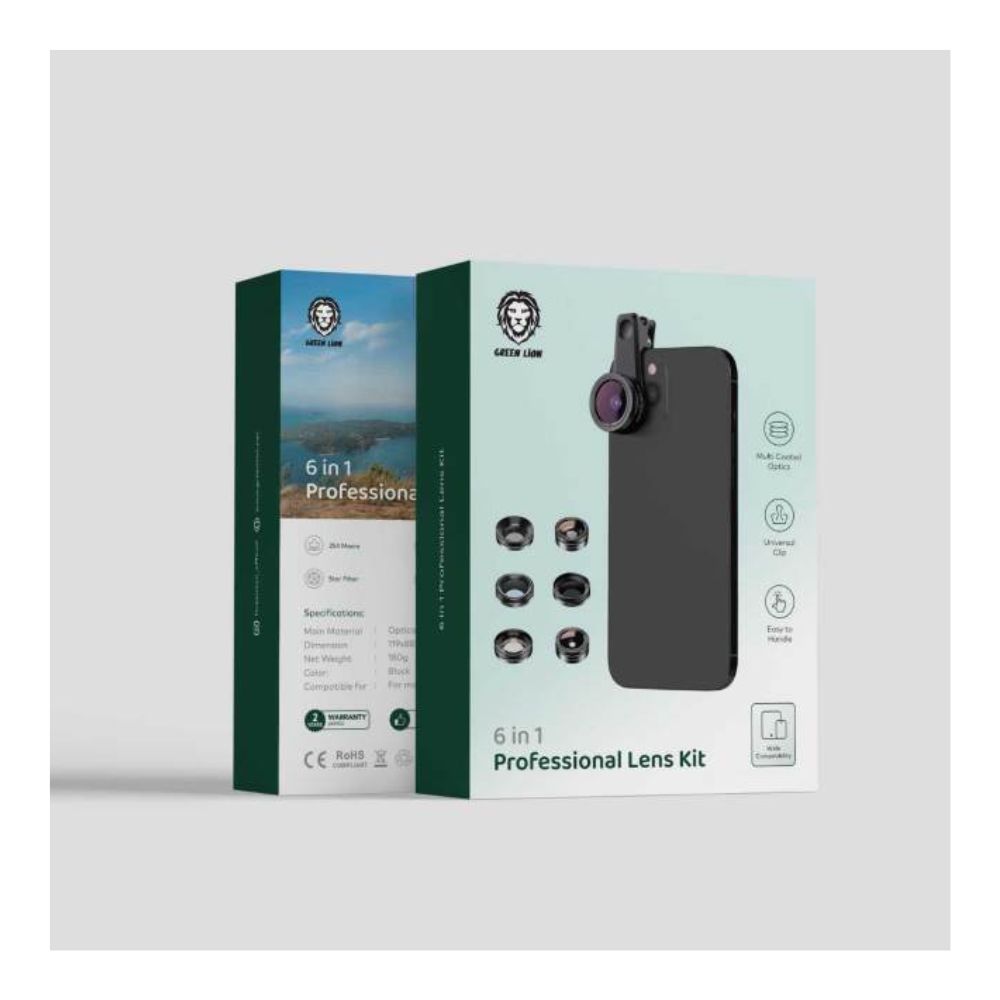 Green Lion 6 in 1 Professional Lens Kit, 25x Macro, 250 Degrees Fisheye – Black