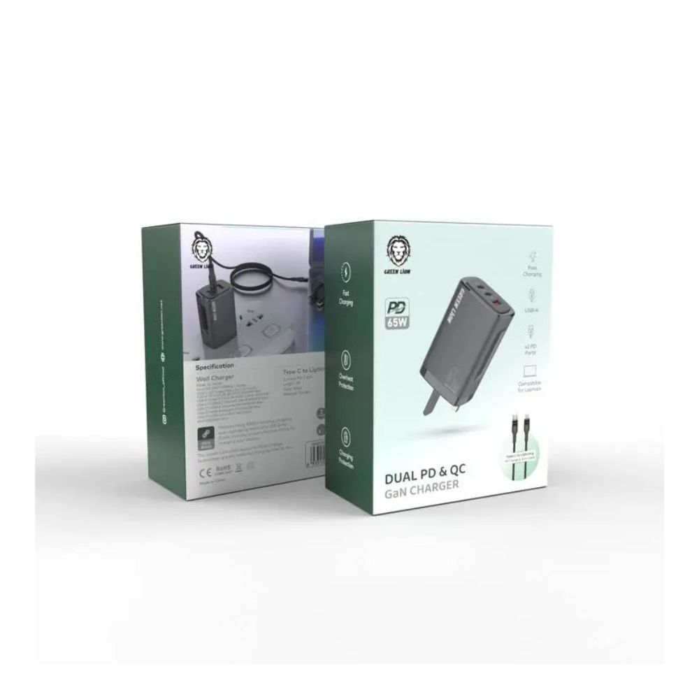 Green Lion PD+PD+QC3.0 Gallium Nitride Charger 65W+Type-C – Type-C data cable 1m Black