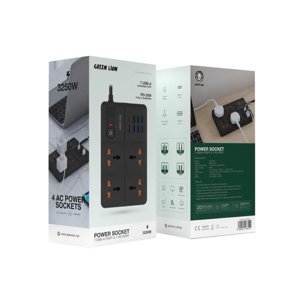 Green Lion UK Power Socket 7 USB-A Port &amp; 1 PD Port