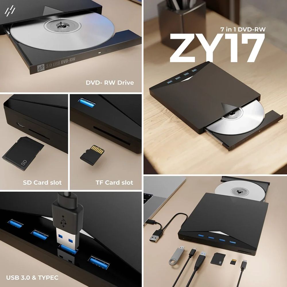 HEATZ ZY17 7-in-1 Plug and Play DVD Drive & USB Hub