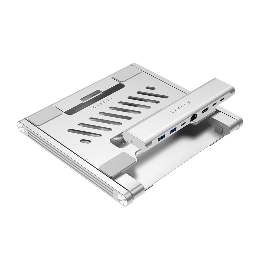 Levelo AeroLink Laptop Stand With Built-In Portable 7 In 1 Hub – Silver