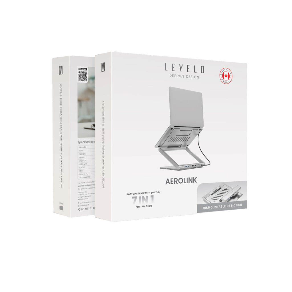 Levelo AeroLink Laptop Stand With Built-In Portable 7 In 1 Hub – Silver
