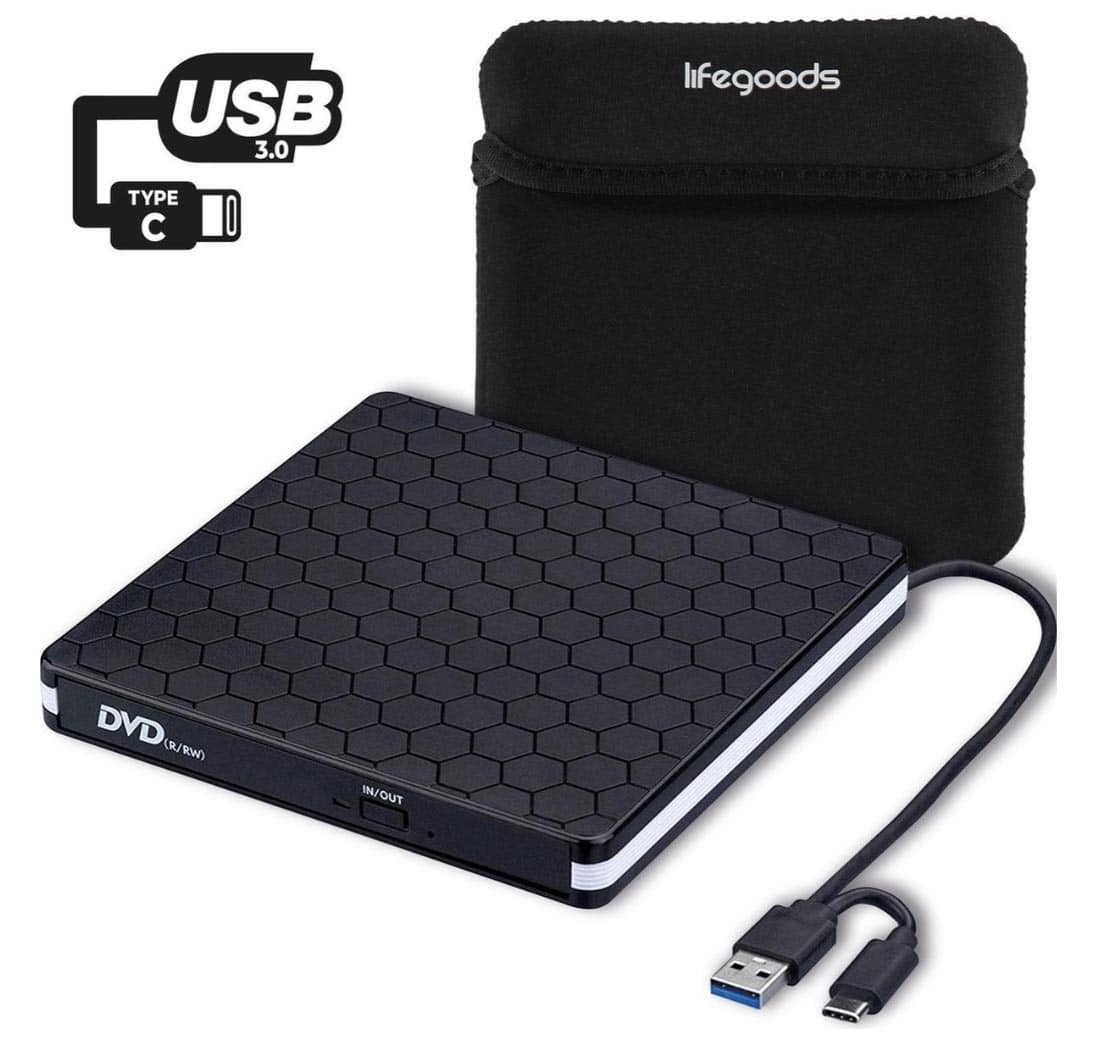 LifeGoods External DVD Player – For Laptop and Burner – USB 3.0 or USB C – Incl. Cover + Cable