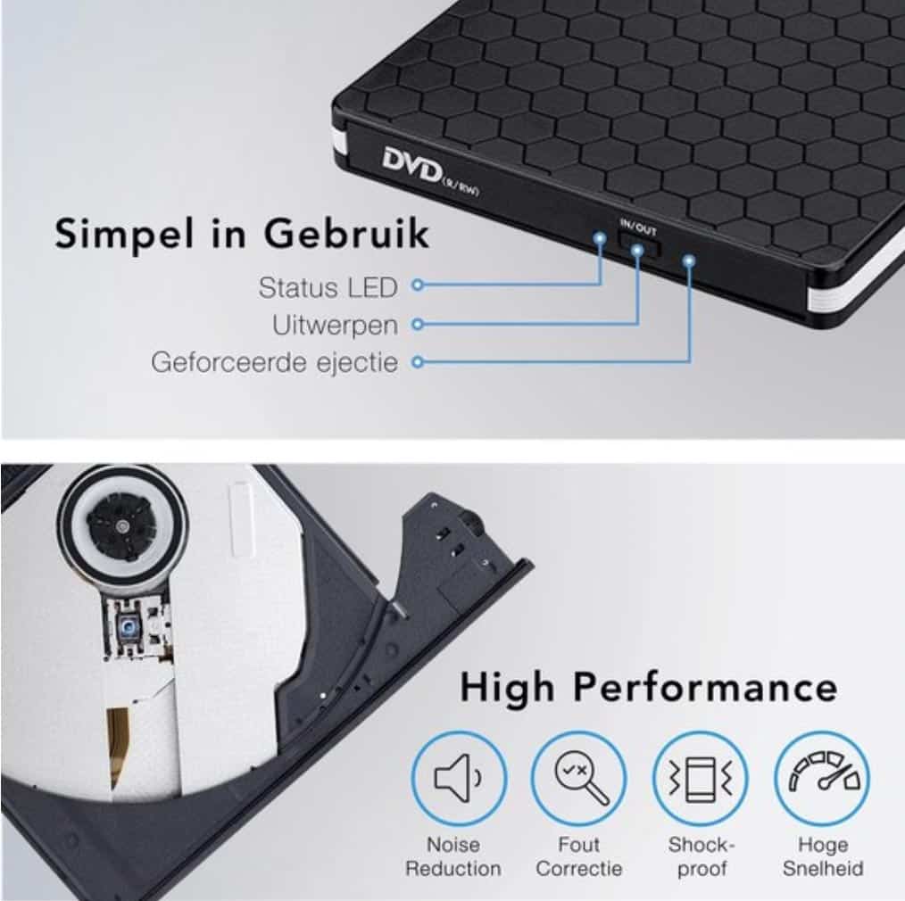 LifeGoods External DVD Player – For Laptop and Burner – USB 3.0 or USB C – Incl. Cover + Cable