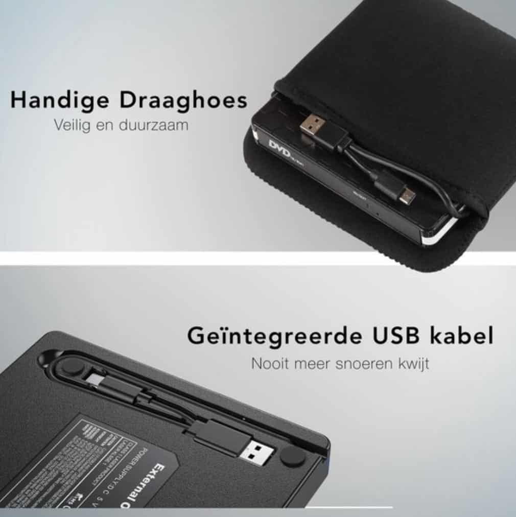 LifeGoods External DVD Player – For Laptop and Burner – USB 3.0 or USB C – Incl. Cover + Cable