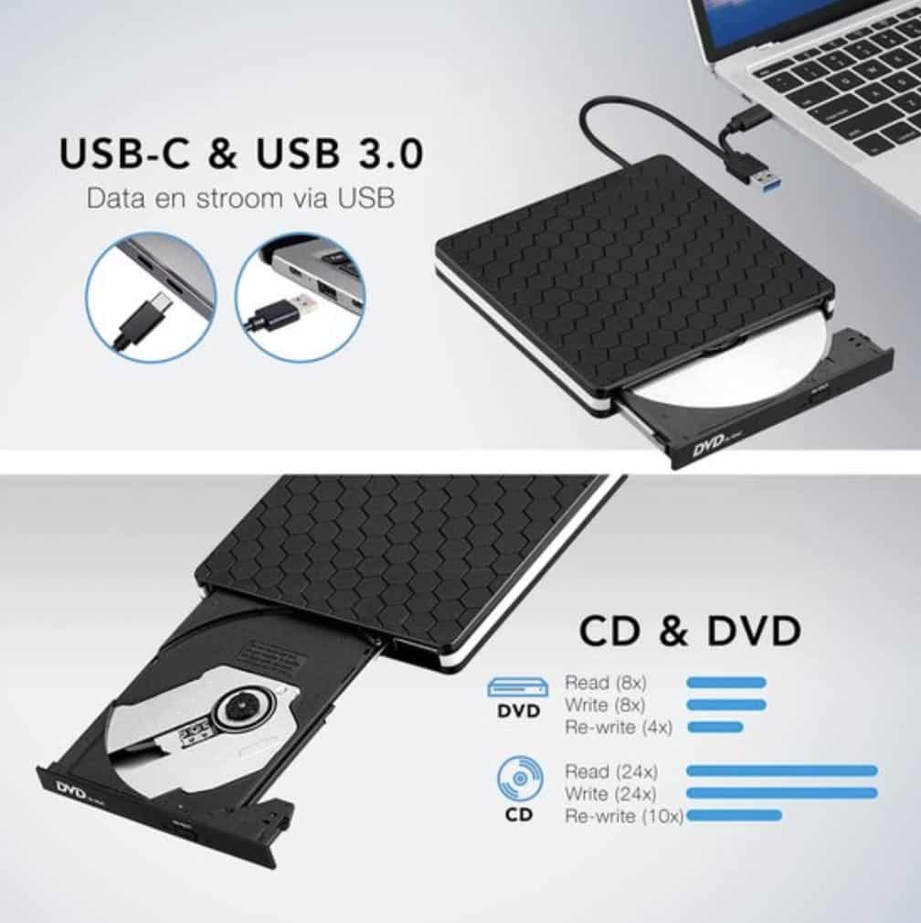 LifeGoods External DVD Player – For Laptop and Burner – USB 3.0 or USB C – Incl. Cover + Cable