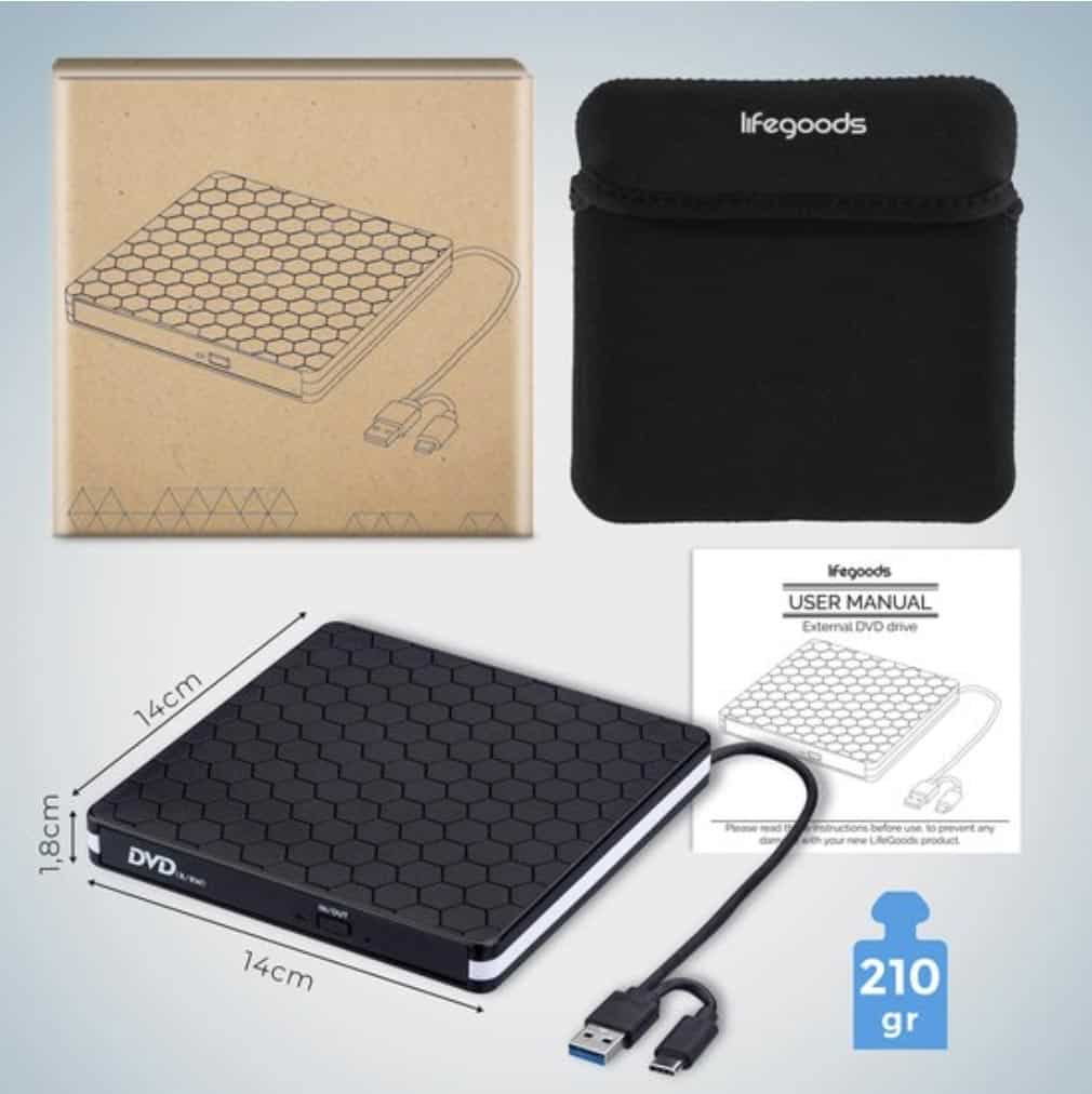LifeGoods External DVD Player – For Laptop and Burner – USB 3.0 or USB C – Incl. Cover + Cable