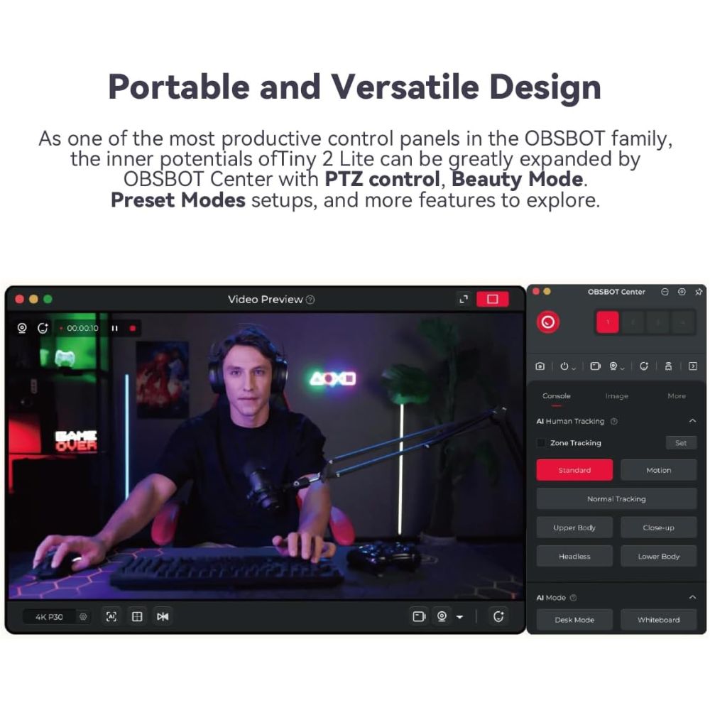 Obsbot Tiny 2 Lite Webcam AI-Powered 4K UHD