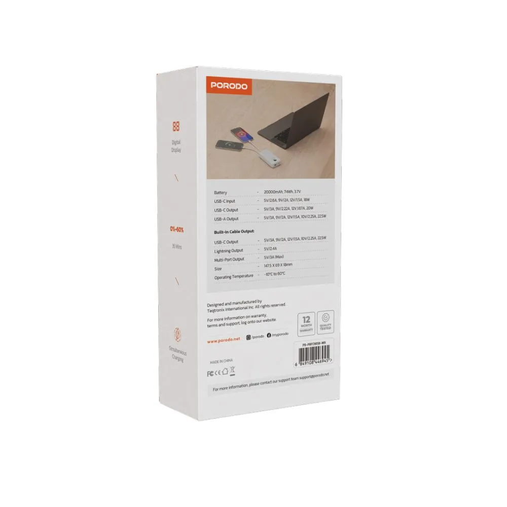 Porodo 20000mAh Powerbank Integrated Cable