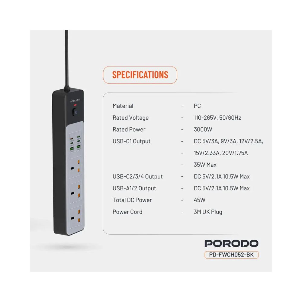 Porodo 3AC | 45W | 300W Power Strip