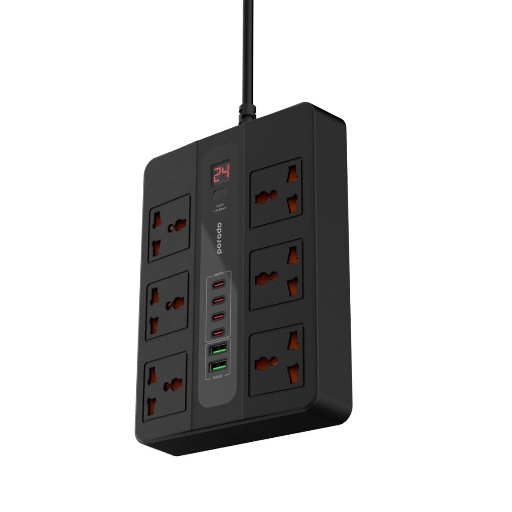 Porodo 6 AC 2 USB-A 24W &amp; 4 USB-C PD 36W Multi-Port Super Hub 3M 3000W UK – Black