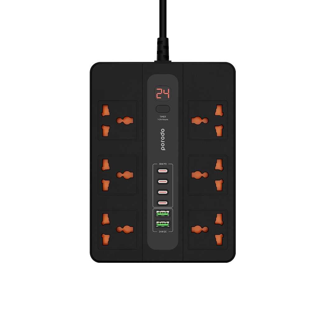 Porodo 6 AC 2 USB-A 24W &amp; 4 USB-C PD 36W Multi-Port Super Hub 3M 3000W UK – Black