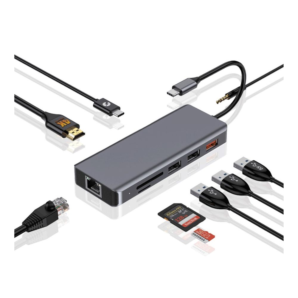 Porodo 9in1 USB-C Hub Type-C PD 100W HDMI Ethernet USB SD Card 3.5mm Aux – Grey