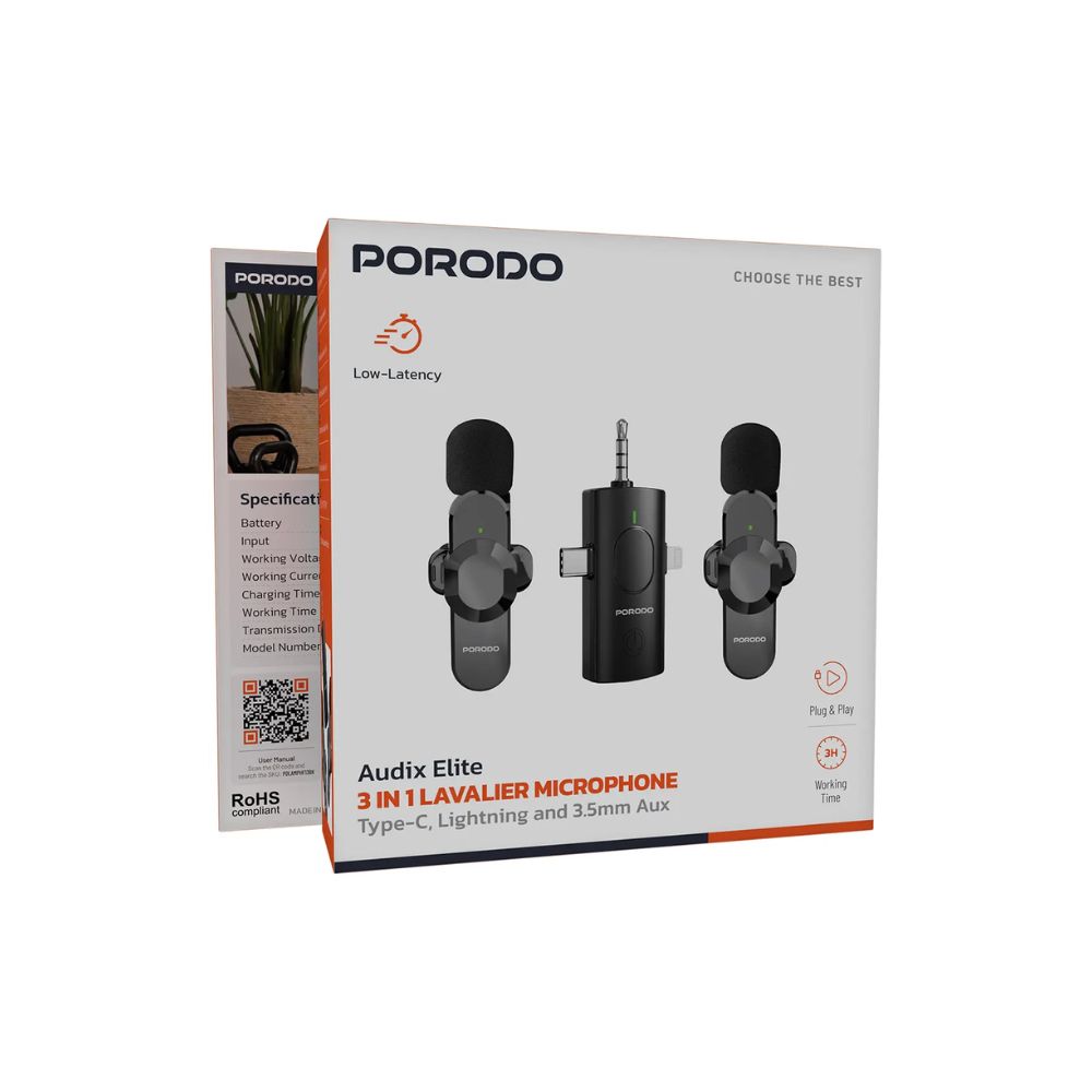 Porodo Audix Elite 3-in-1 Lavalier Microphone – Black