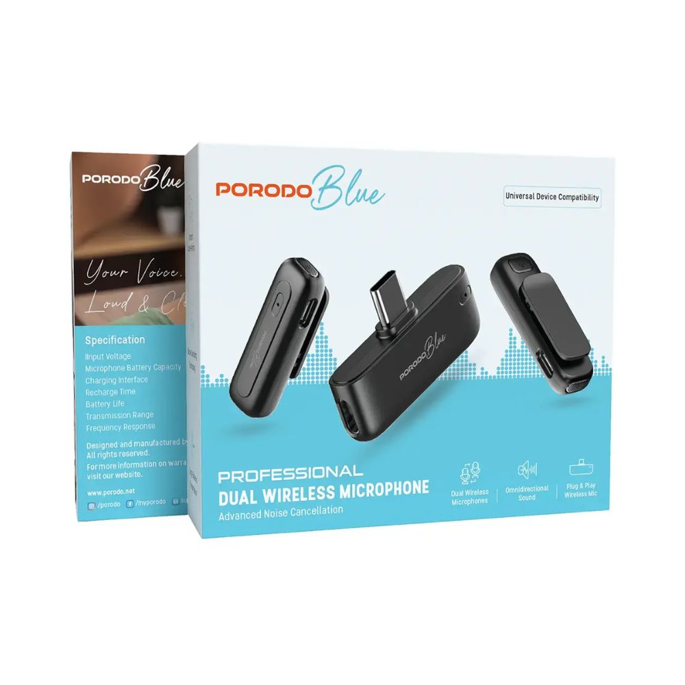 Porodo Blue Professional Dual Wireless Microphone – Black