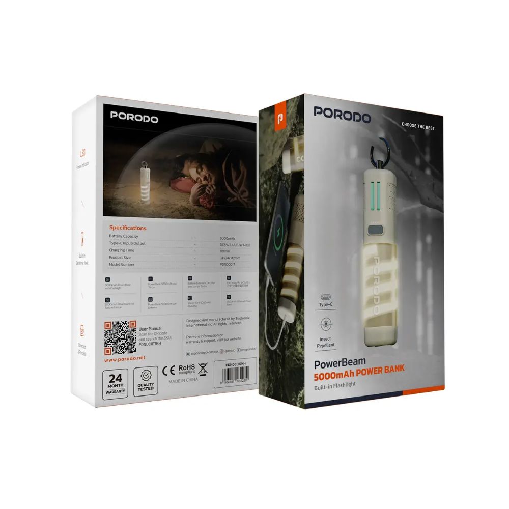Porodo PowerBeam 5000mAh Power Bank with Built-In Flashlight – Khaki