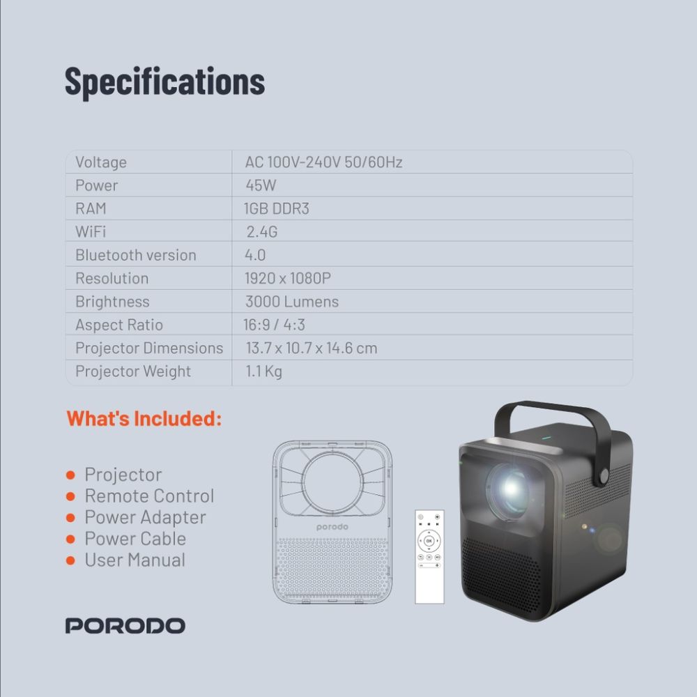 PORODO Full HD Portable Projector 2600mAh