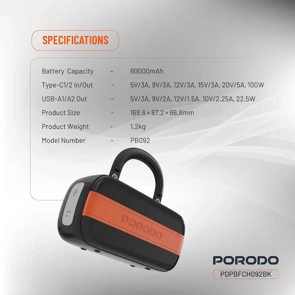 Porodo Sway 60000mAh Power Bank with Built-In LED Lighting – Black
