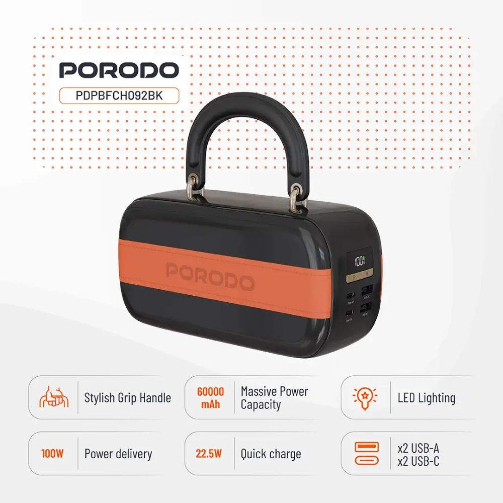 Porodo Sway 60000mAh Power Bank with Built-In LED Lighting – Black