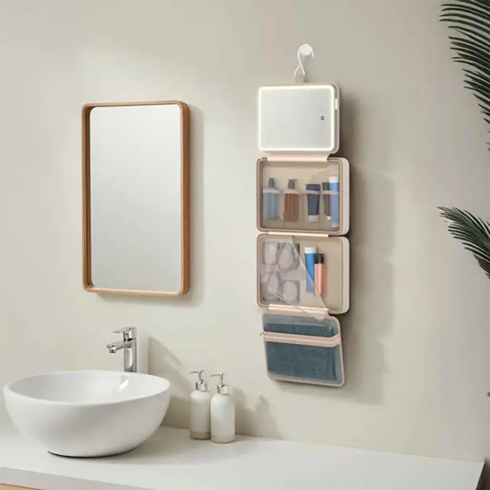 Porodo Travel Makeup Case with Detachable LED Mirror & Hanging Hook – Beige
