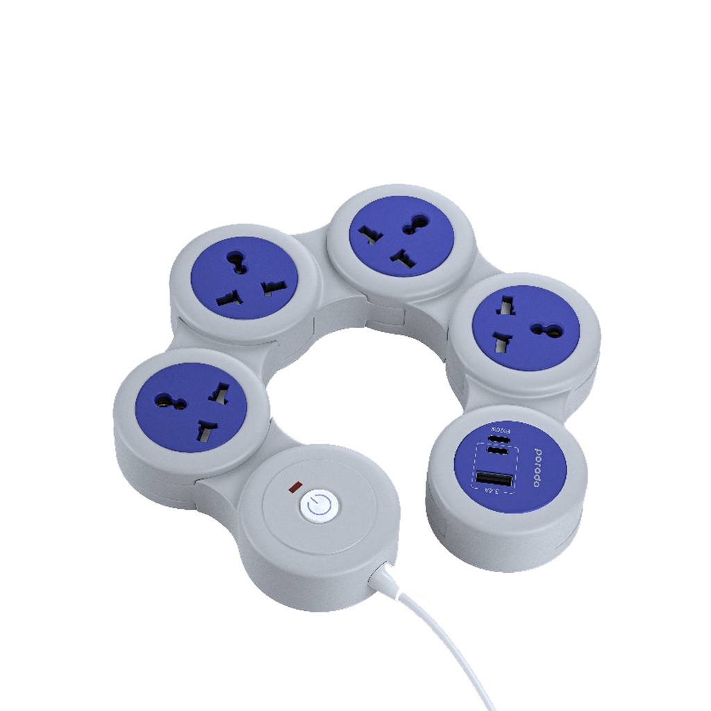 Porodo USB-A Type-C and 4 AC Multiport Socket with UK Plug 2500W PD 20W 1.8M- Gray