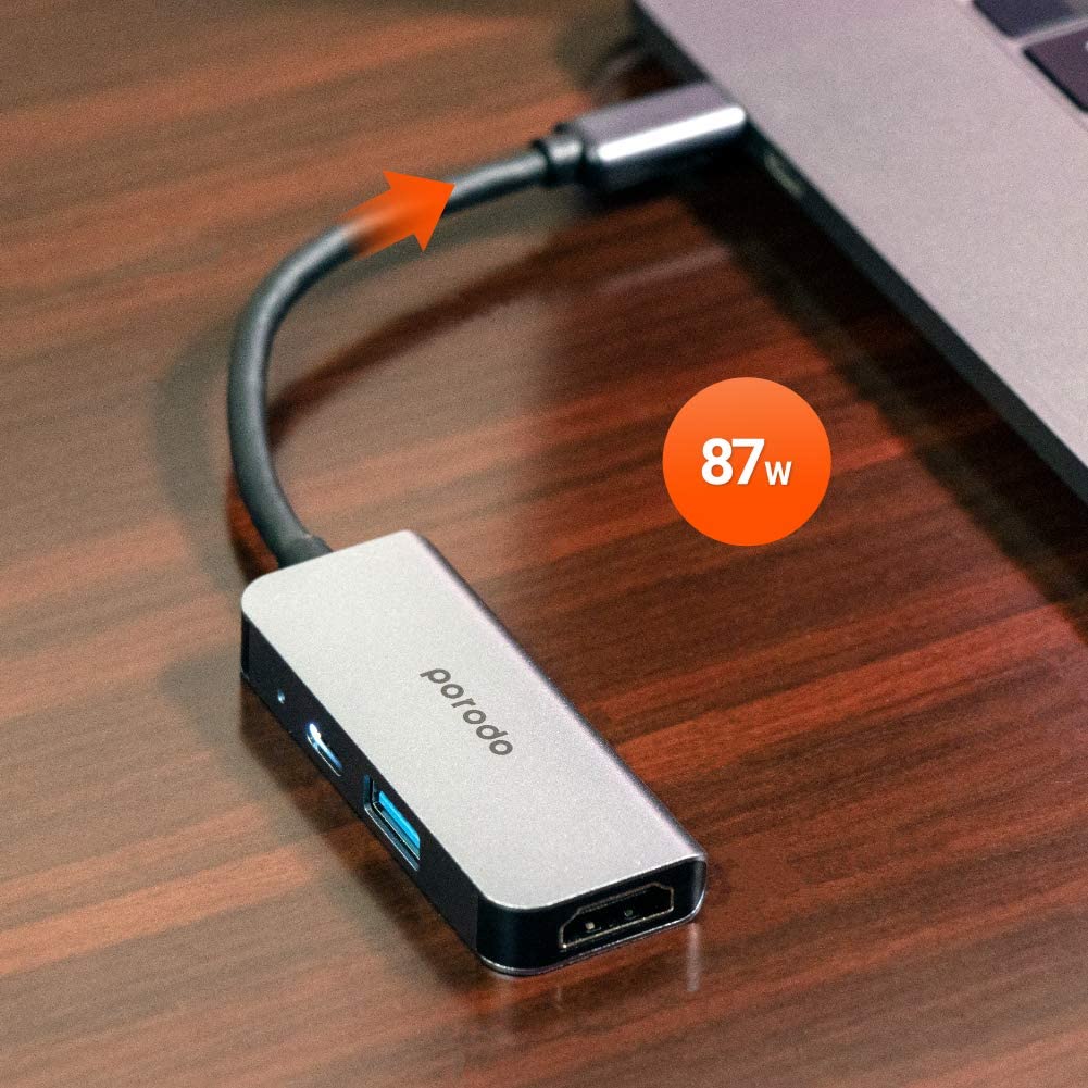 Porodo USB-C HUB, USB C to HDMI 4K Multiport Adapter, 3 in 1 Hub with USB 2.0