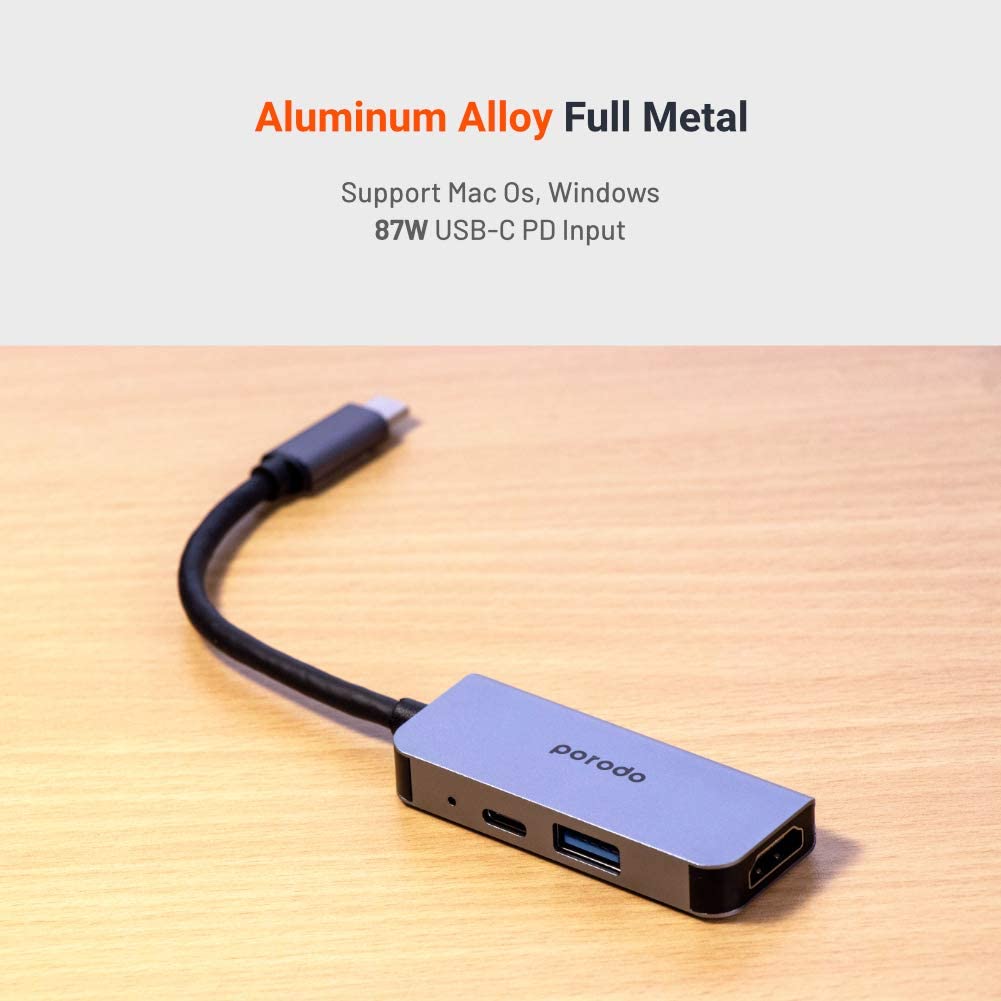 Porodo USB-C HUB, USB C to HDMI 4K Multiport Adapter, 3 in 1 Hub with USB 2.0