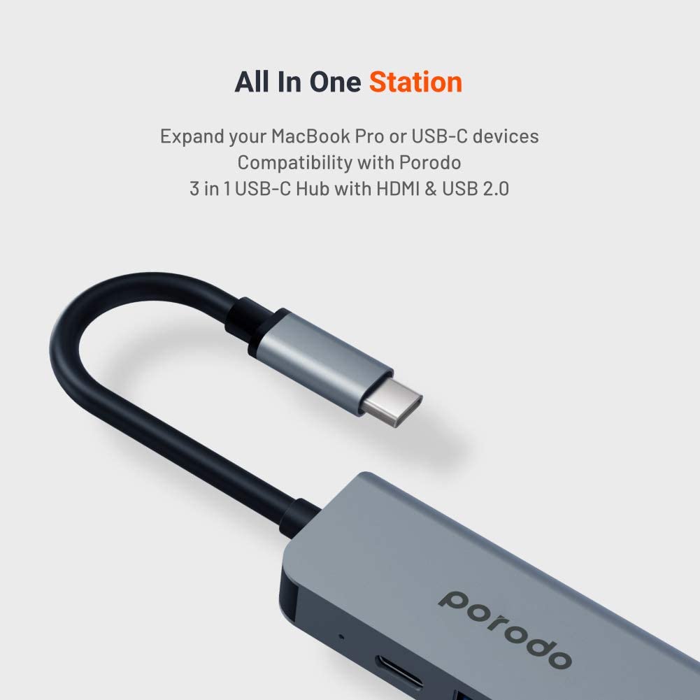 Porodo USB-C HUB, USB C to HDMI 4K Multiport Adapter, 3 in 1 Hub with USB 2.0